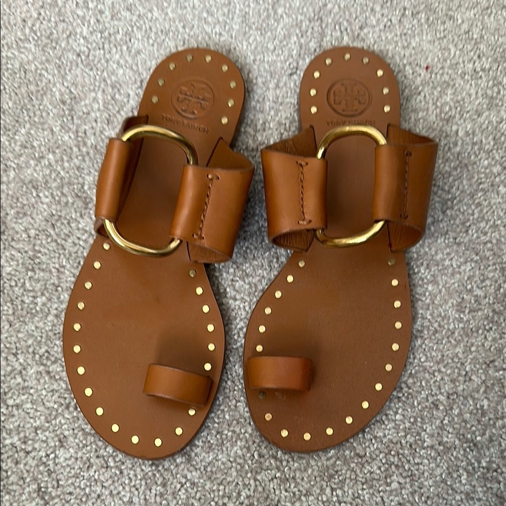 Tory Burch Brown Leather Sandals with Gold Accents